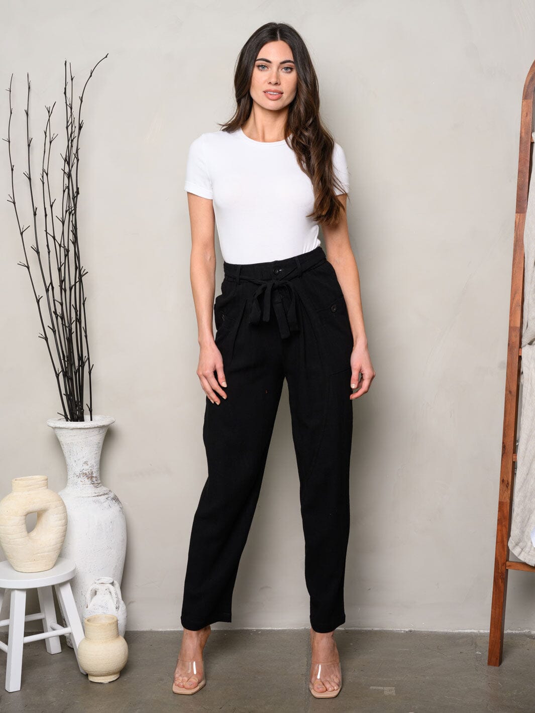 WOMEN'S BUTTON CLOSURE SELF TIE POCKETS PANTS