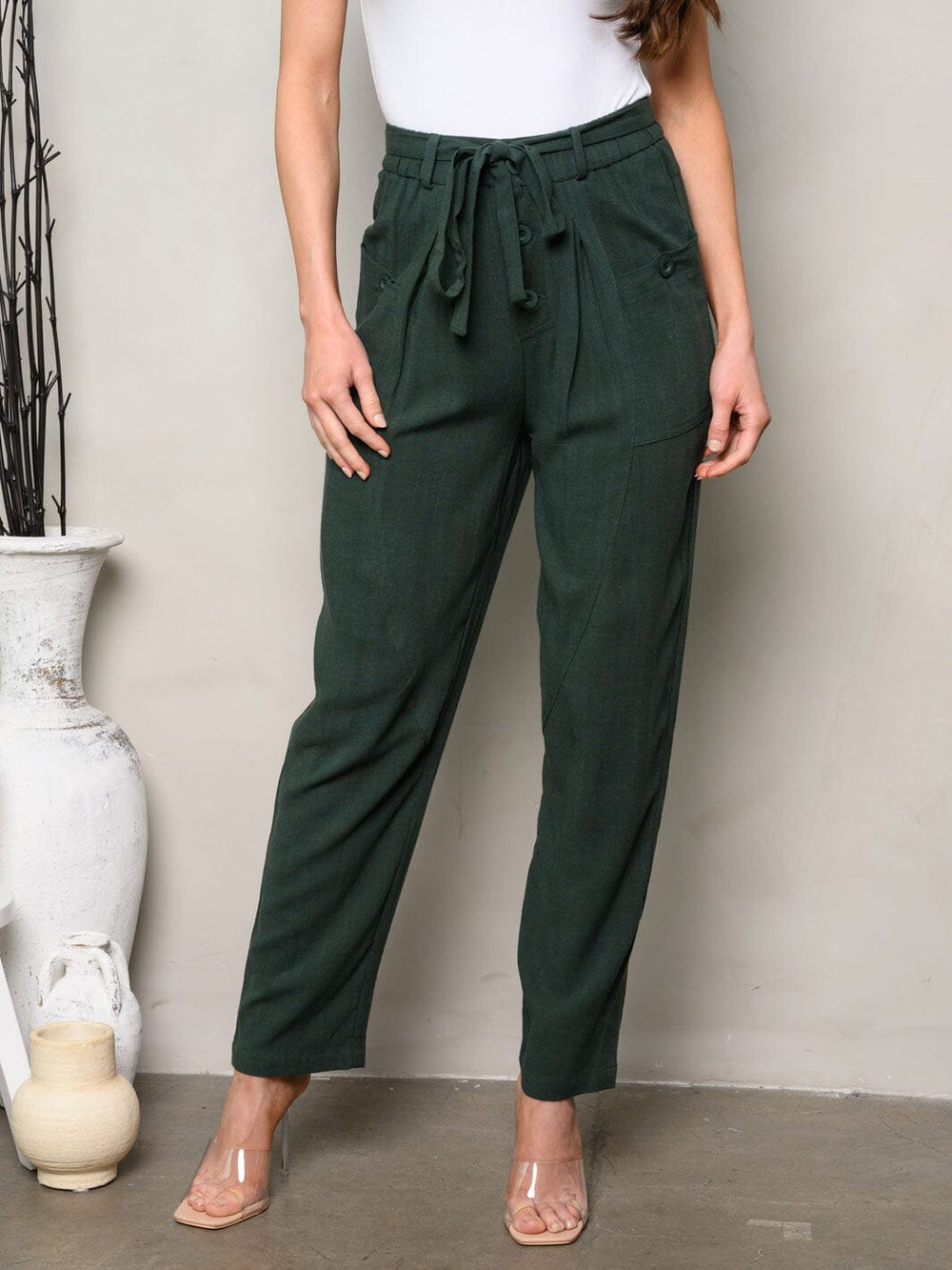 WOMEN'S BUTTON CLOSURE SELF TIE POCKETS PANTS