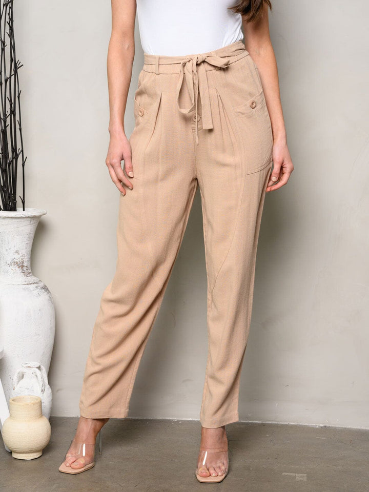 WOMEN'S BUTTON CLOSURE SELF TIE POCKETS PANTS