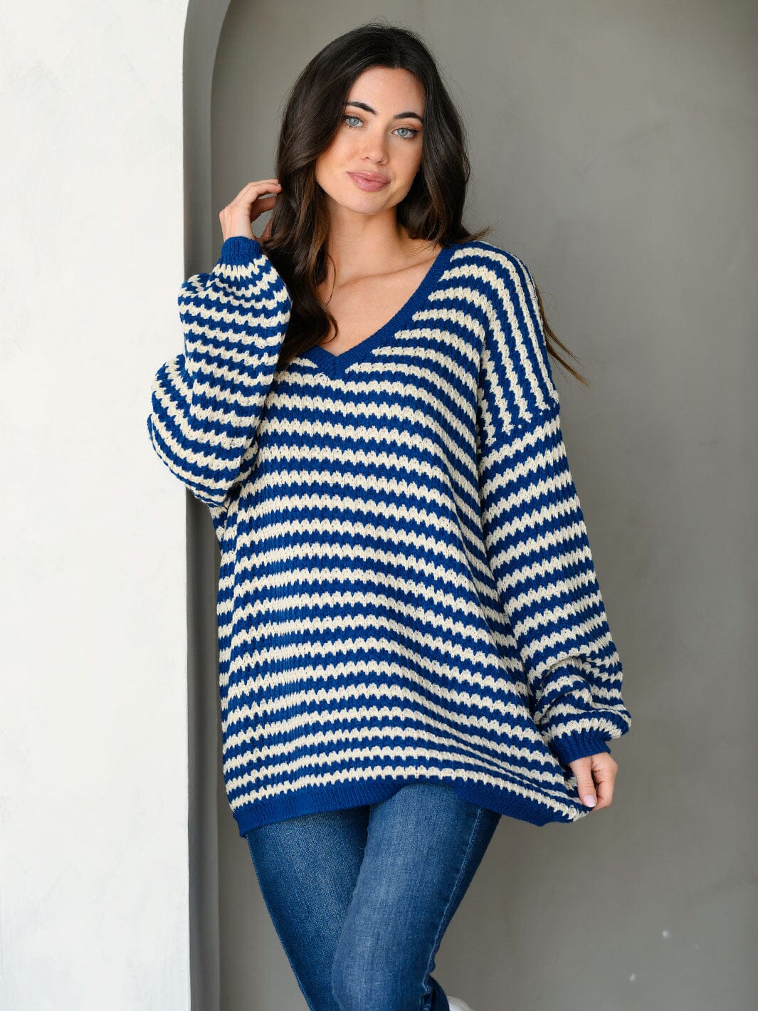 WOMEN'S LONG SLEEVE COLORBLOCK V-NECK PULLOVER SWEATER