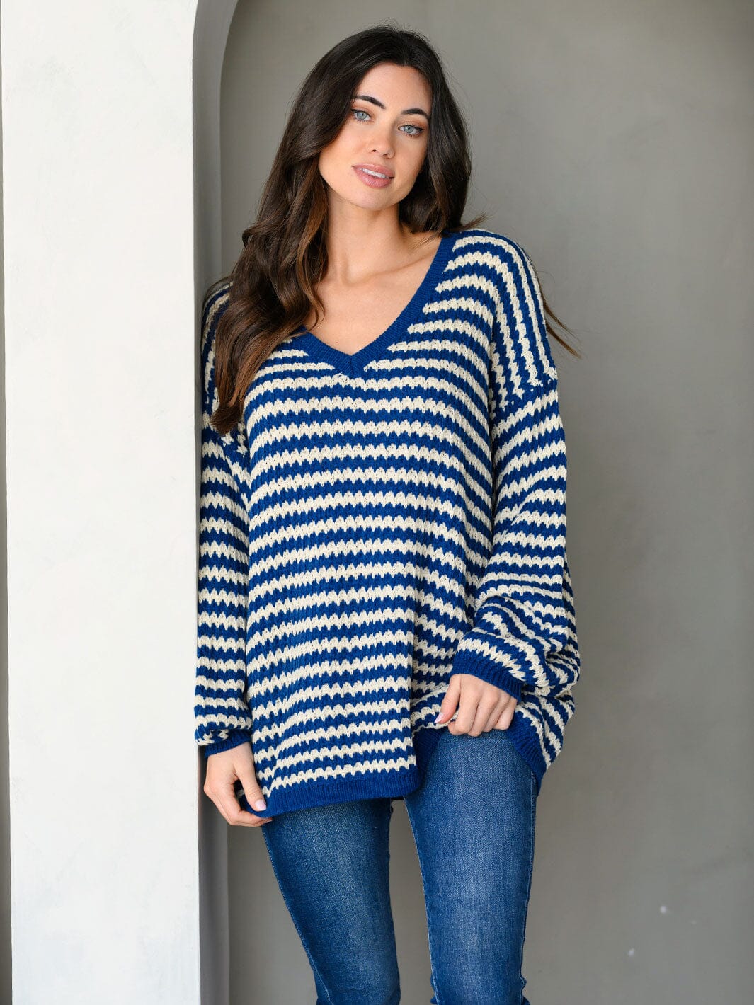 WOMEN'S LONG SLEEVE COLORBLOCK V-NECK PULLOVER SWEATER