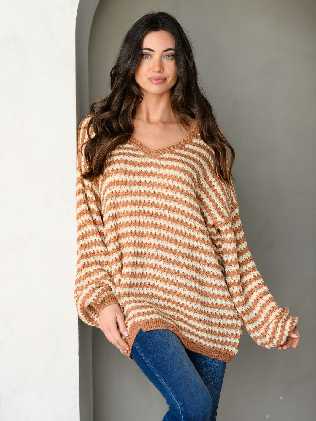 WOMEN'S LONG SLEEVE COLORBLOCK V-NECK PULLOVER SWEATER