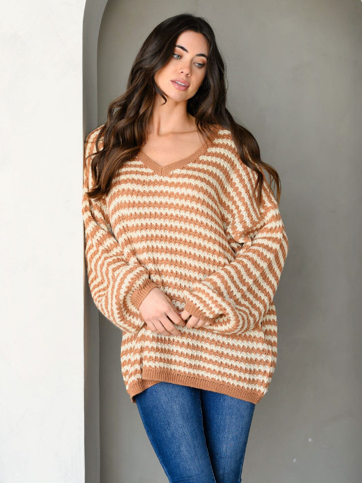 WOMEN'S LONG SLEEVE COLORBLOCK V-NECK PULLOVER SWEATER