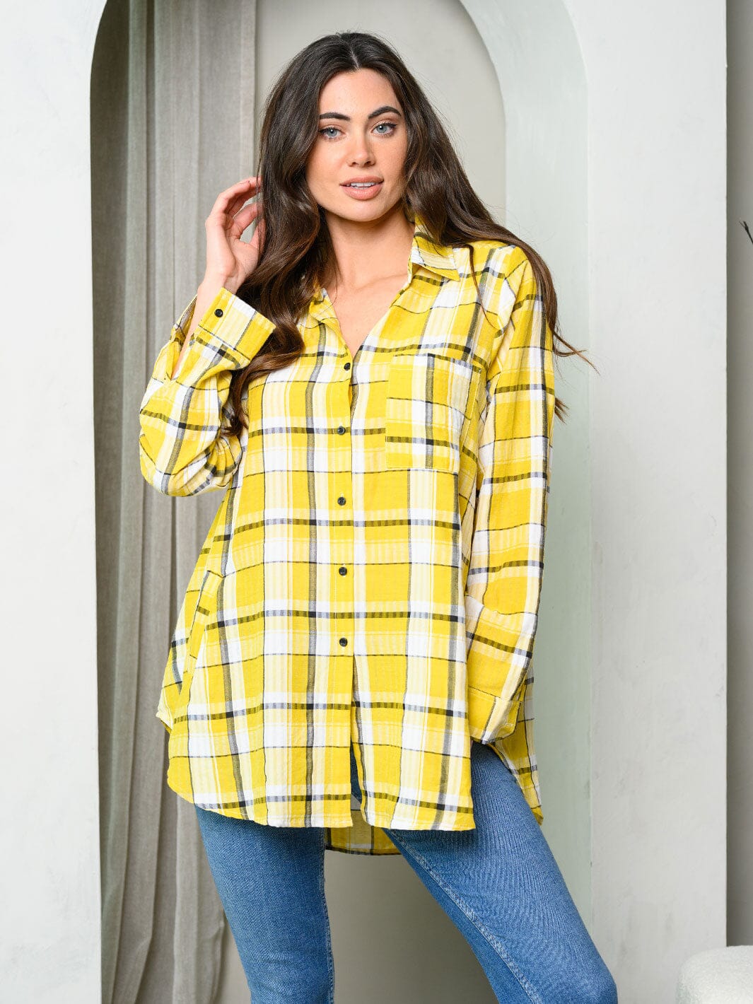 WOMEN'S LONG SLEEVE BUTTON UP PLAID SHIRT
