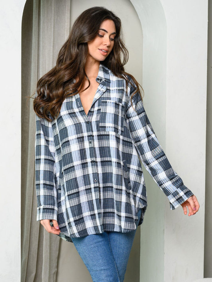 WOMEN'S LONG SLEEVE BUTTON UP PLAID SHIRT
