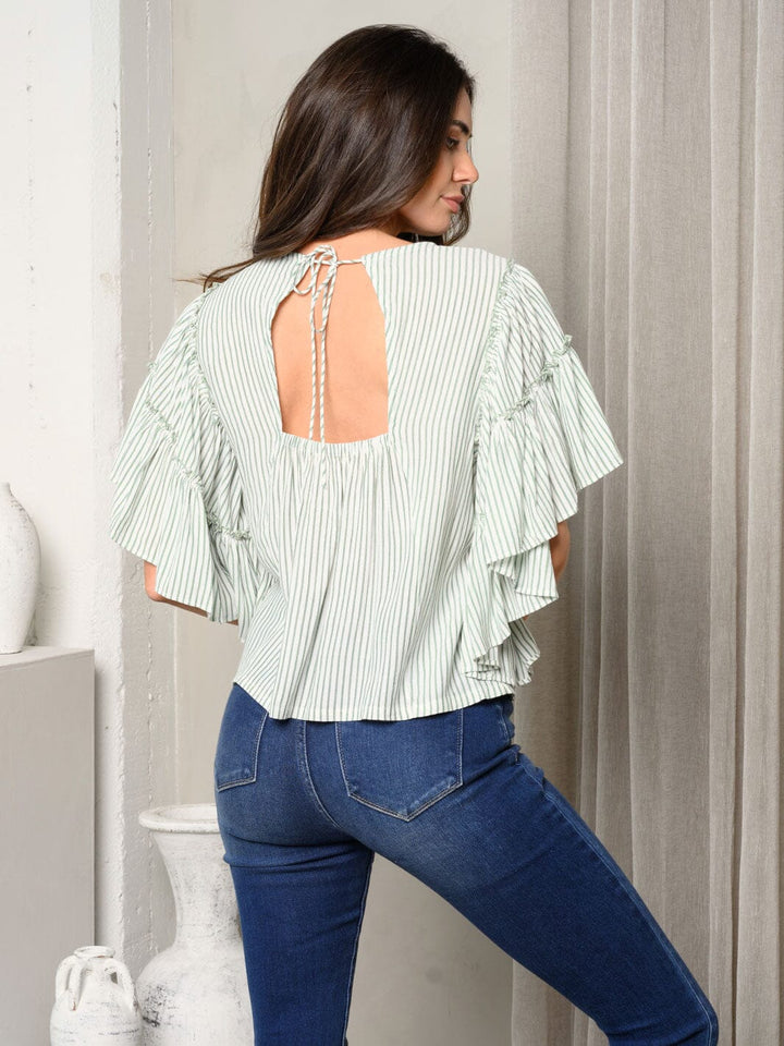 WOMEN'S SHORT DRAPE SLEEVE STRIPES OPEN BACK TOP