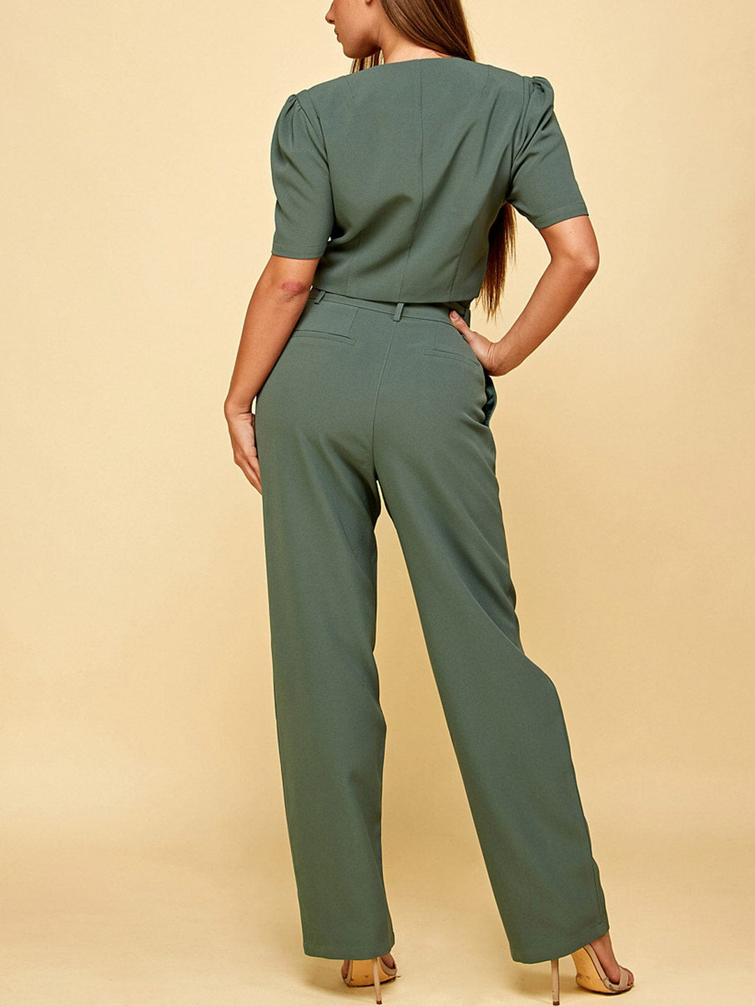 WOMEN'S SHORT SLEEVE TOP & BELTED PANTS 2PC SET