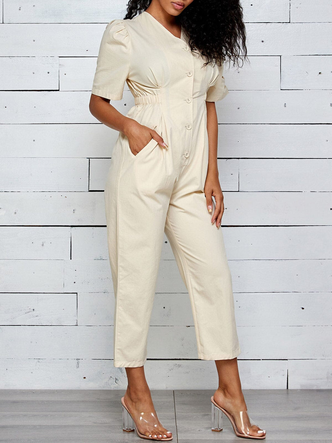 WOMEN'S SHORT SLEEVE BUTTON UP POCKETS JUMPSUIT