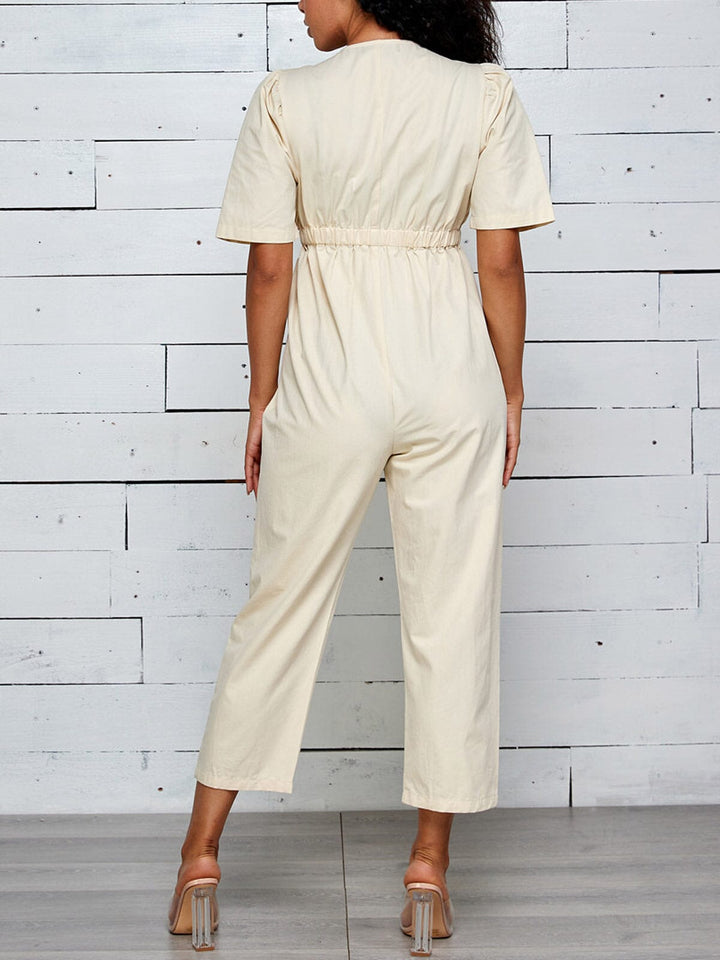 WOMEN'S SHORT SLEEVE BUTTON UP POCKETS JUMPSUIT