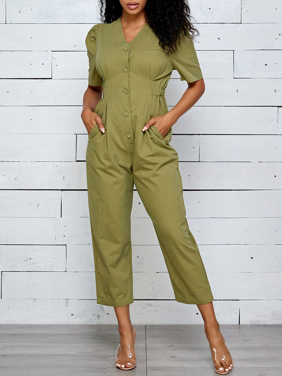 WOMEN'S SHORT SLEEVE BUTTON UP POCKETS JUMPSUIT