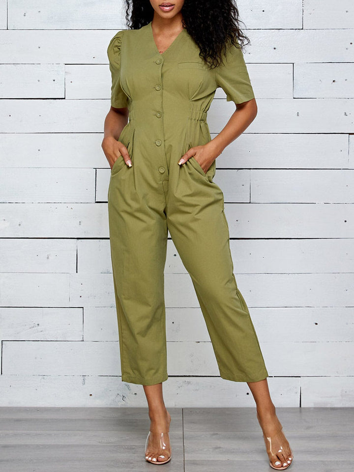 WOMEN'S SHORT SLEEVE BUTTON UP POCKETS JUMPSUIT