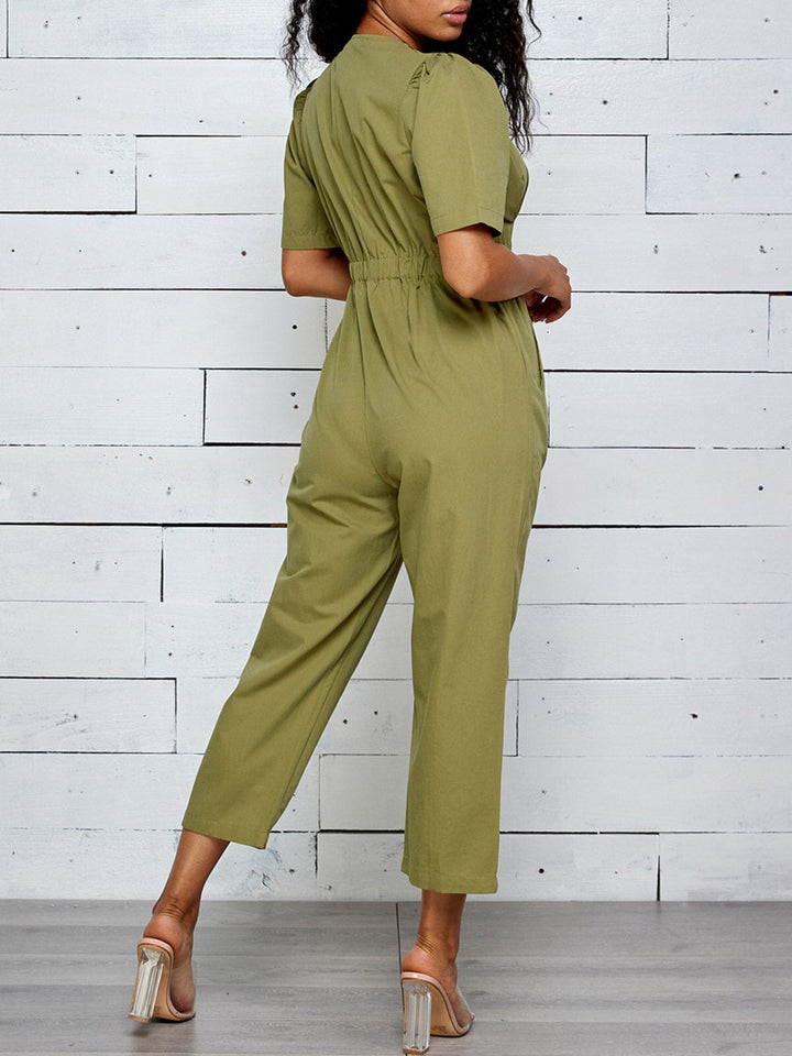 WOMEN'S SHORT SLEEVE BUTTON UP POCKETS JUMPSUIT