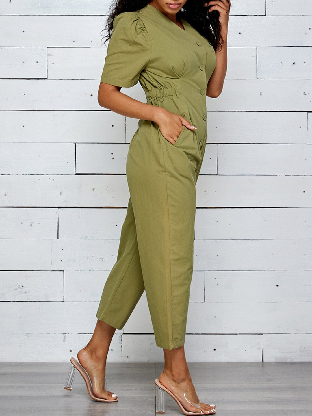 WOMEN'S SHORT SLEEVE BUTTON UP POCKETS JUMPSUIT