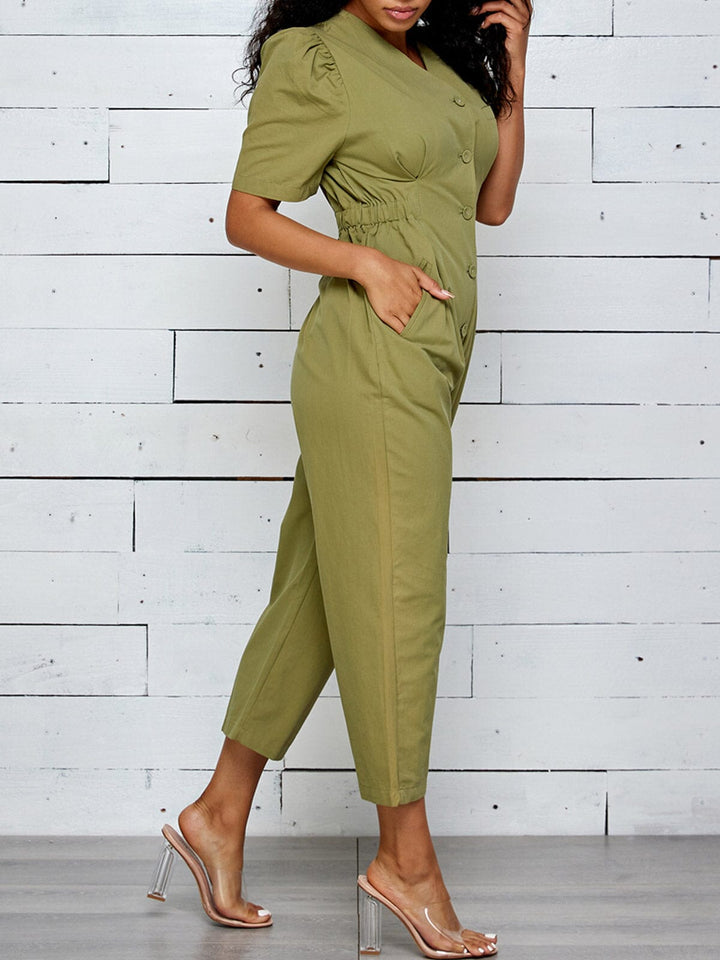 WOMEN'S SHORT SLEEVE BUTTON UP POCKETS JUMPSUIT