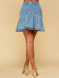 WOMEN'S BUTTON UP PLEATED DENIM MINI SKIRT