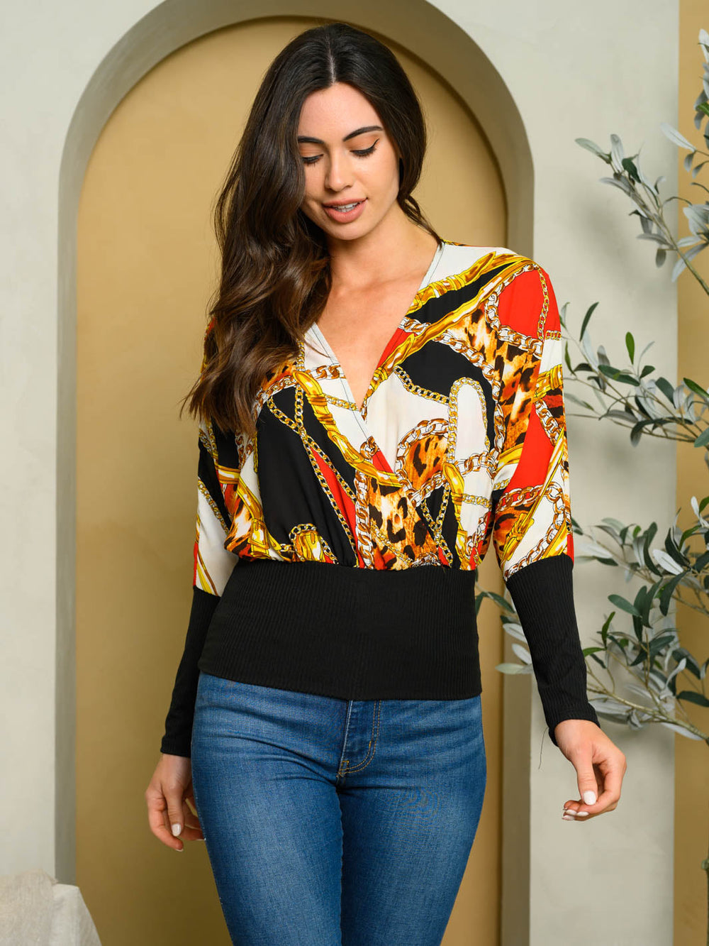 WOMEN'S LONG SLEEVE MULTI PRINT SURPLICE TOP