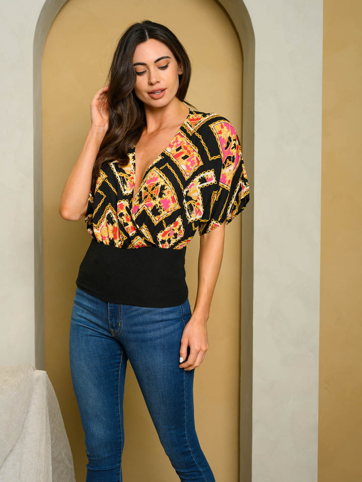 WOMEN'S SHORT SLEEVE MULTI PRINT SURPLICE TOP