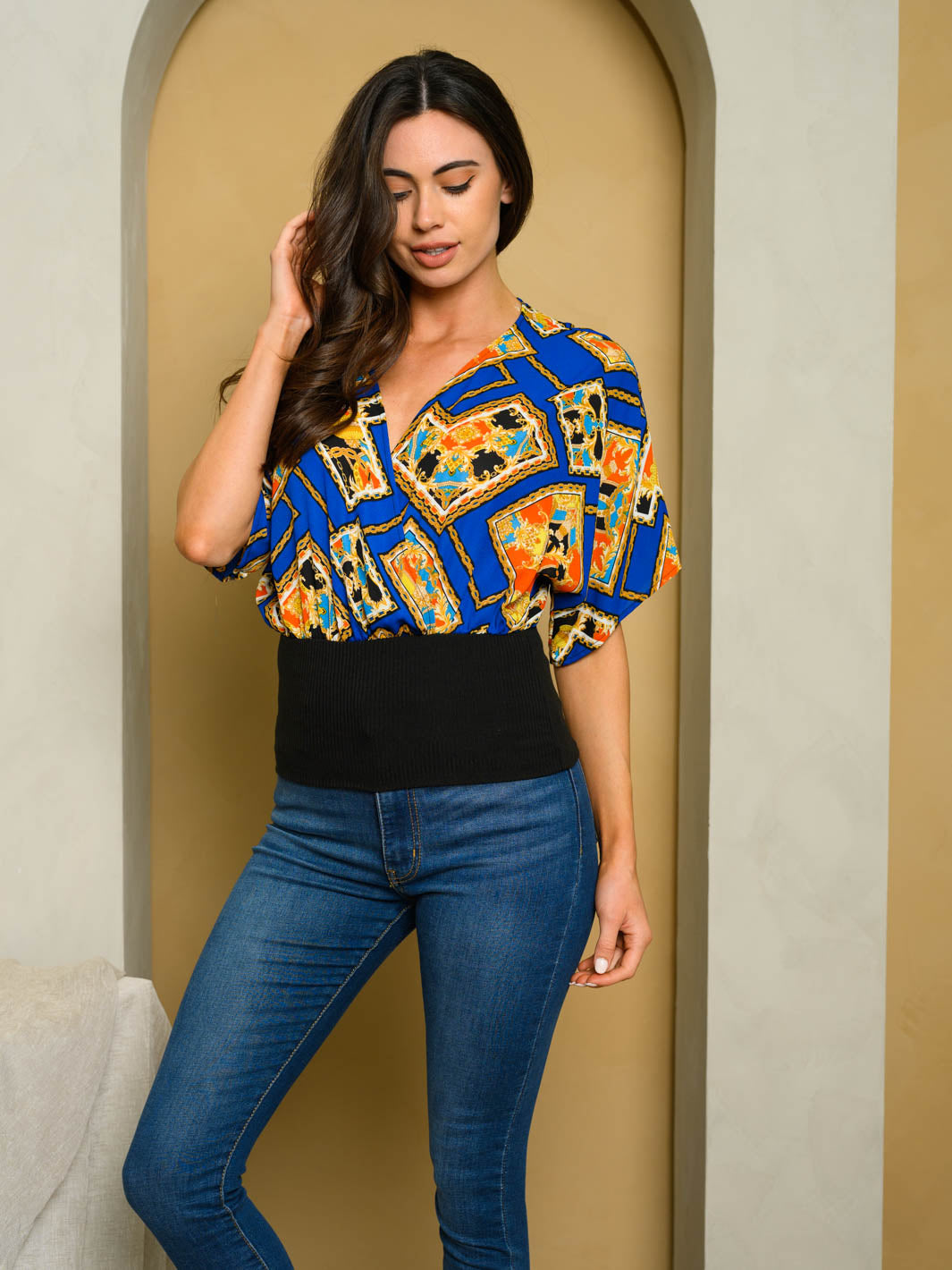 WOMEN'S SHORT SLEEVE MULTI PRINT SURPLICE TOP