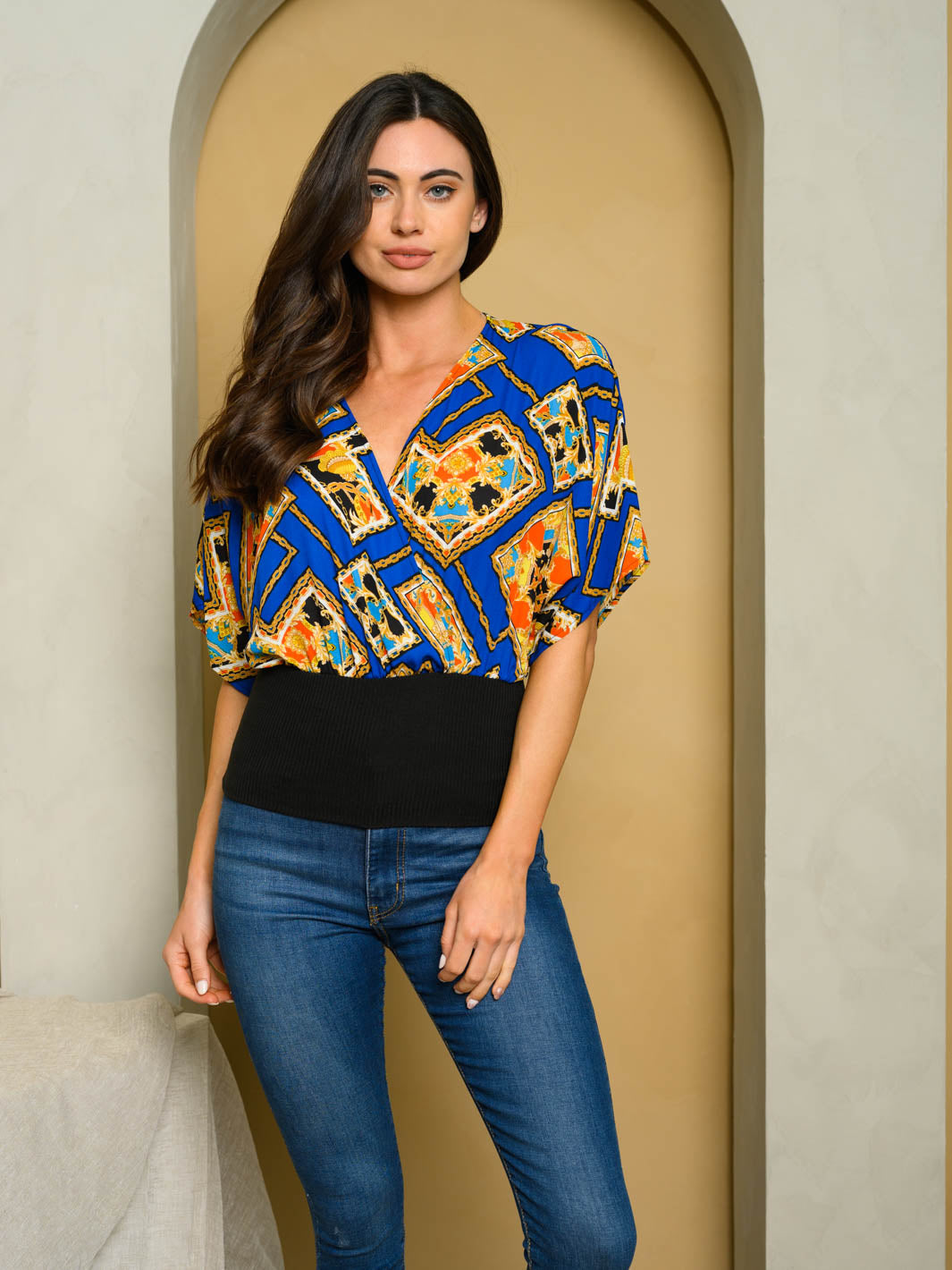 WOMEN'S SHORT SLEEVE MULTI PRINT SURPLICE TOP