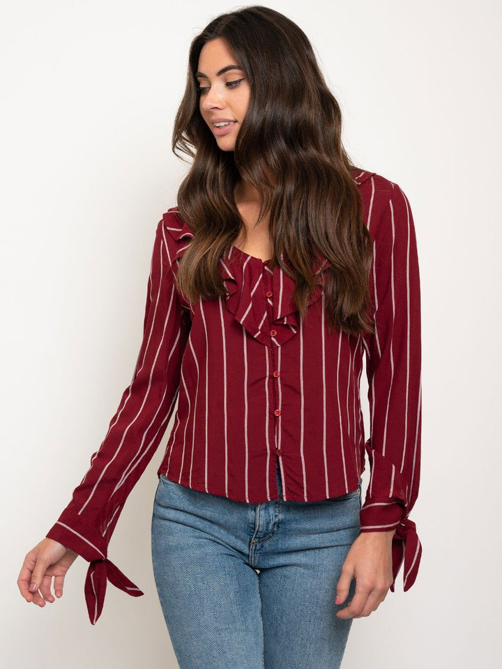WOMEN'S RUFFLE BUTTON UP LONG SLEEVE TOP