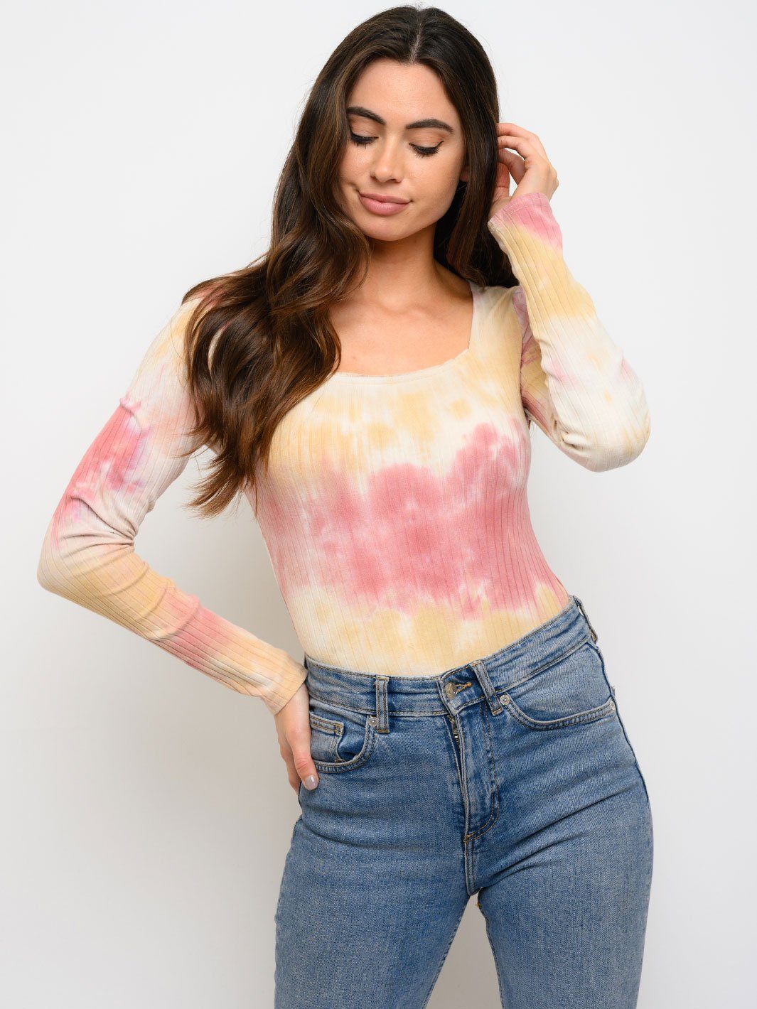 WOMEN'S SQUARE NECK LONG SLEEVE TIE DYE BODYSUIT