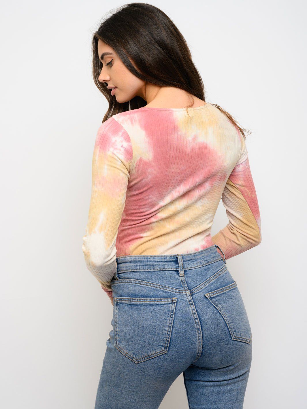 WOMEN'S SQUARE NECK LONG SLEEVE TIE DYE BODYSUIT