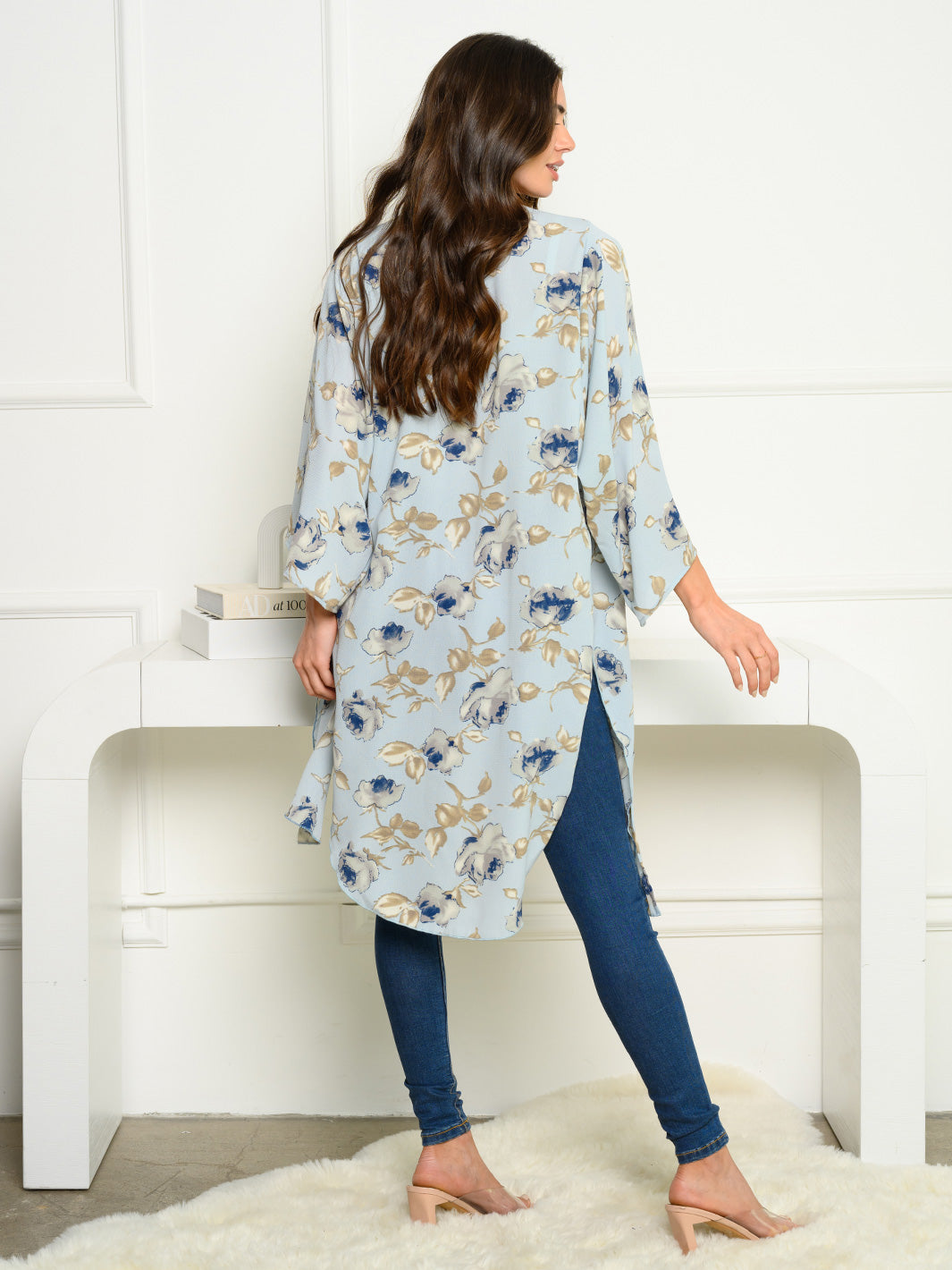 WOMEN'S 3/4 SLEEVE KOSHIBO DOUBLE SLIT FLORAL CARDIGAN