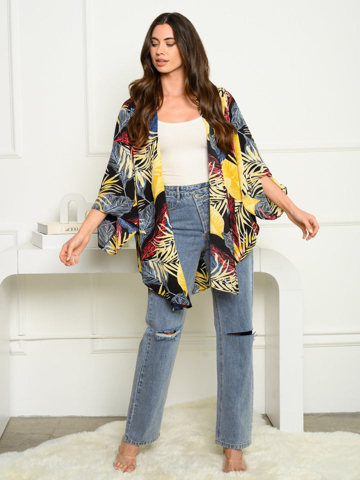 WOMEN'S 3/4 SLEEVE OPEN FRONT LEAF PRINT CARDIGAN