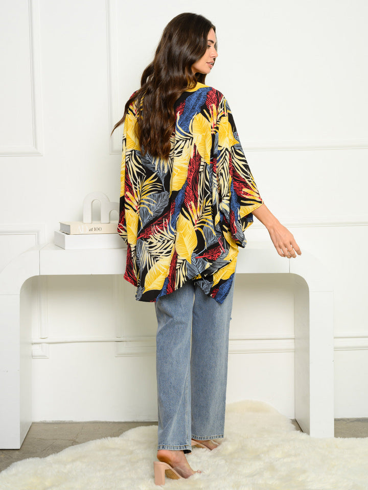 WOMEN'S 3/4 SLEEVE OPEN FRONT LEAF PRINT CARDIGAN