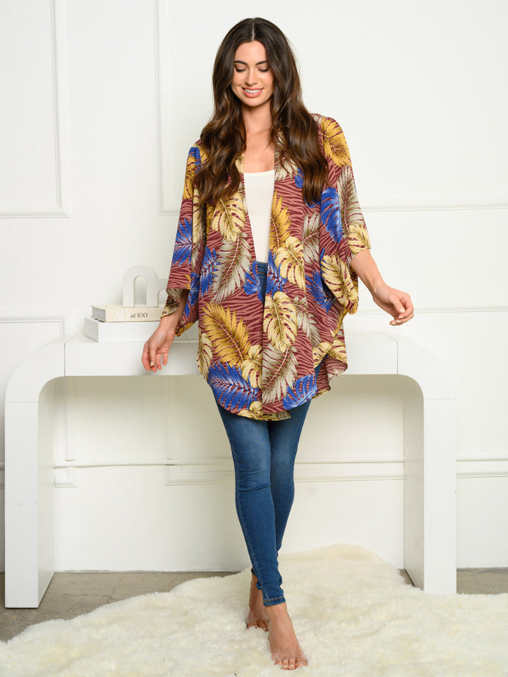 WOMEN'S 3/4 SLEEVE OPEN FRONT LEAF PRINT CARDIGAN