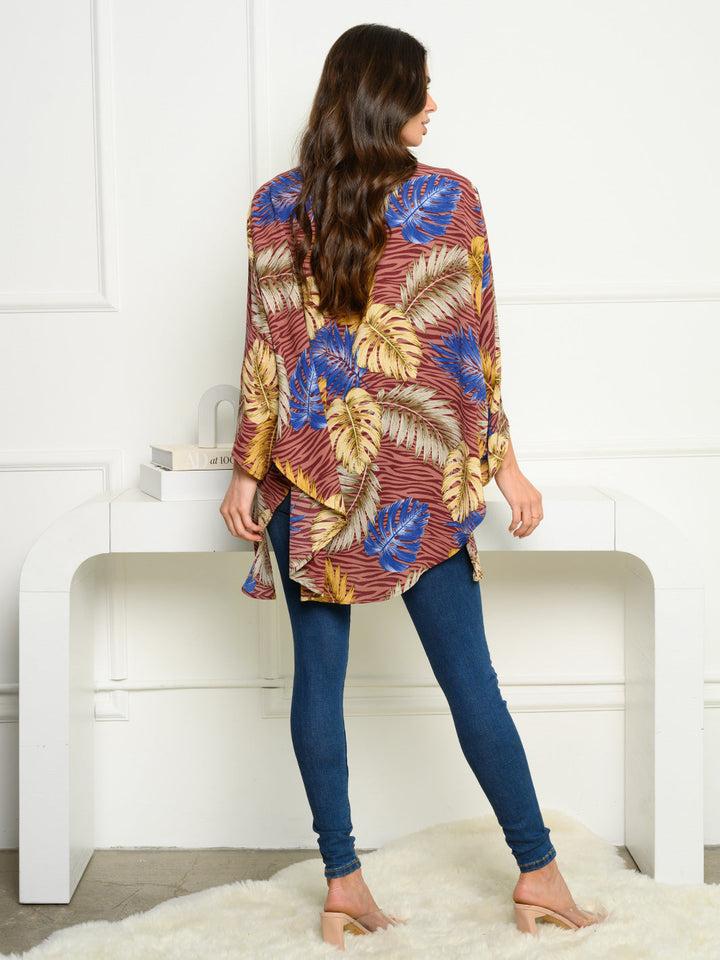 WOMEN'S 3/4 SLEEVE OPEN FRONT LEAF PRINT CARDIGAN