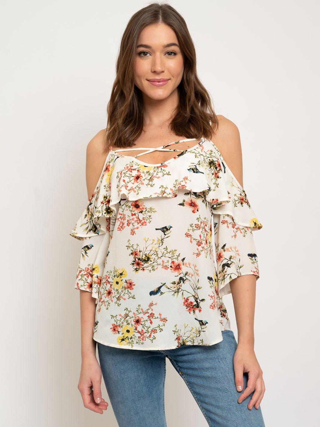 WOMEN'S OFF SHOULDER FLORAL RUFFLE TOP