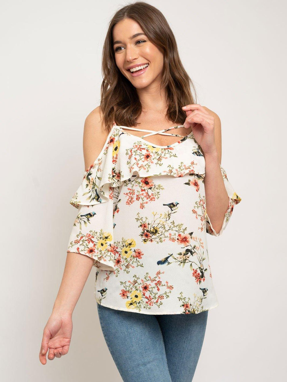 WOMEN'S OFF SHOULDER FLORAL RUFFLE TOP