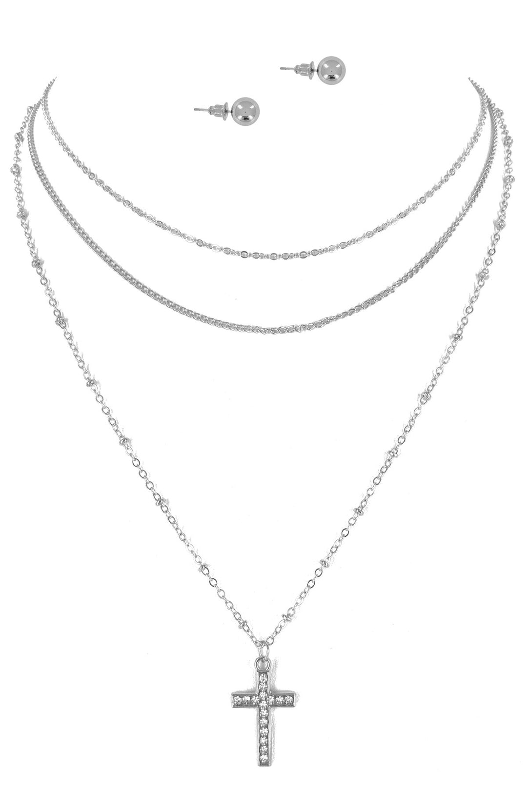 Cross Triple Layered Necklace & Earrings Set