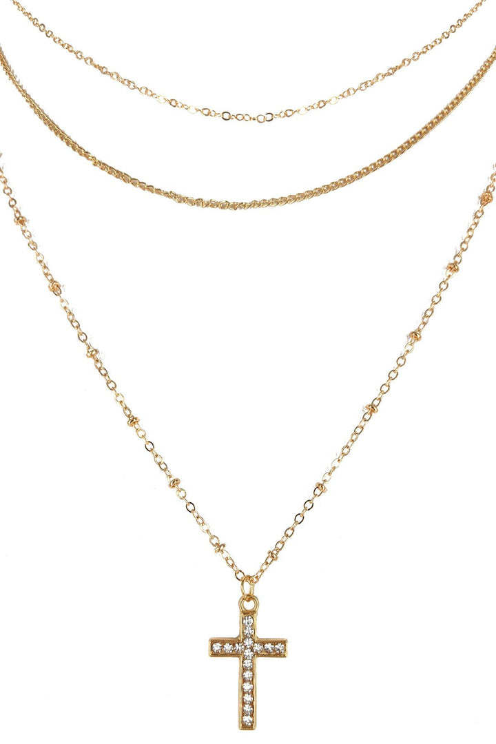 Cross Triple Layered Necklace & Earrings Set