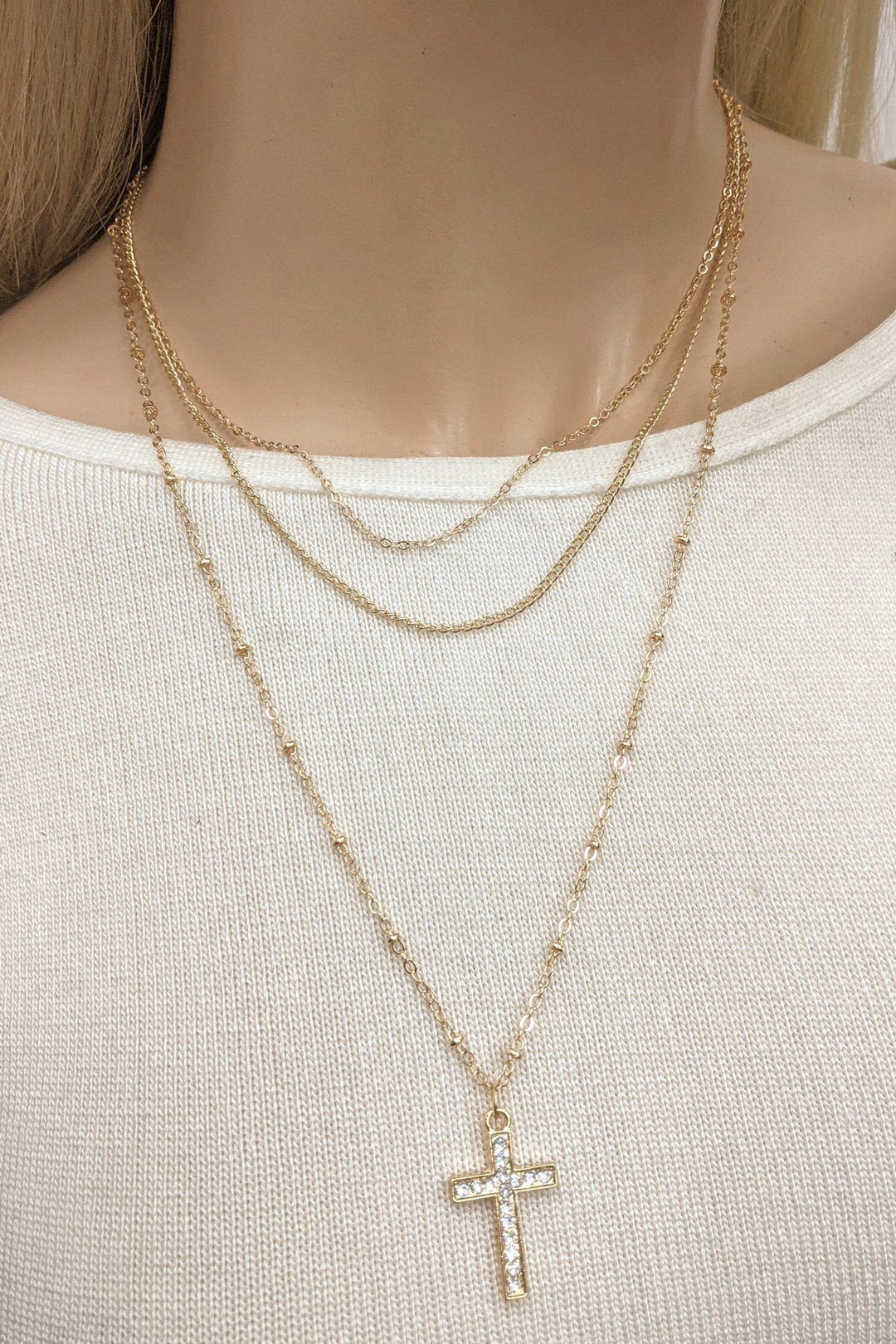 Cross Triple Layered Necklace & Earrings Set