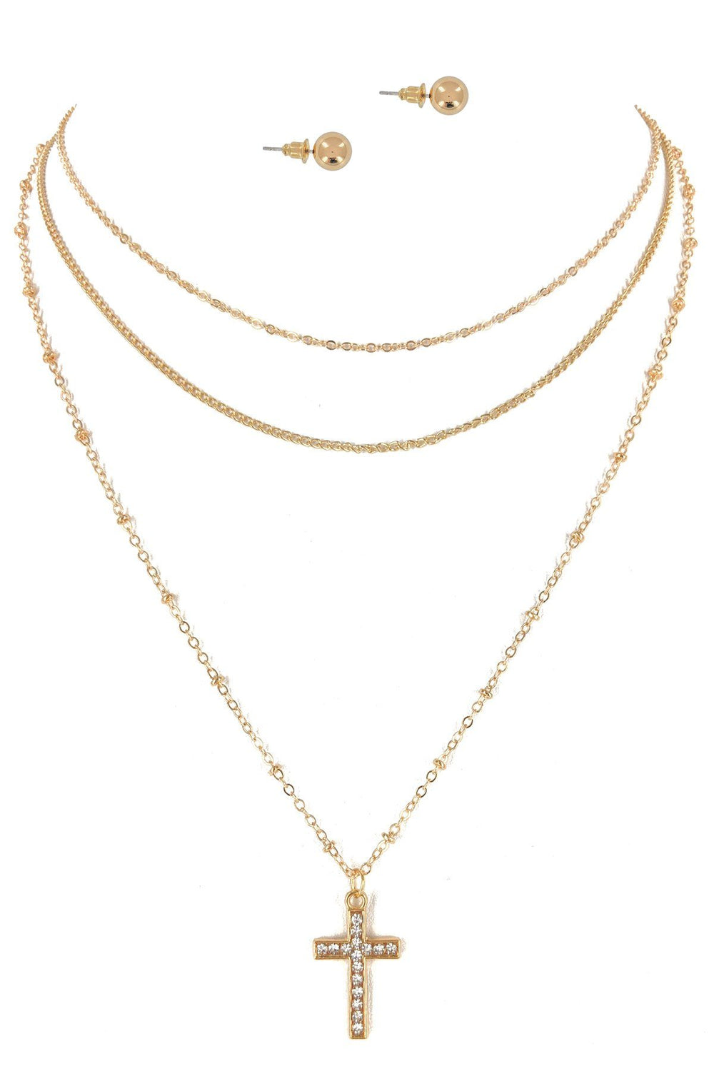 Cross Triple Layered Necklace & Earrings Set