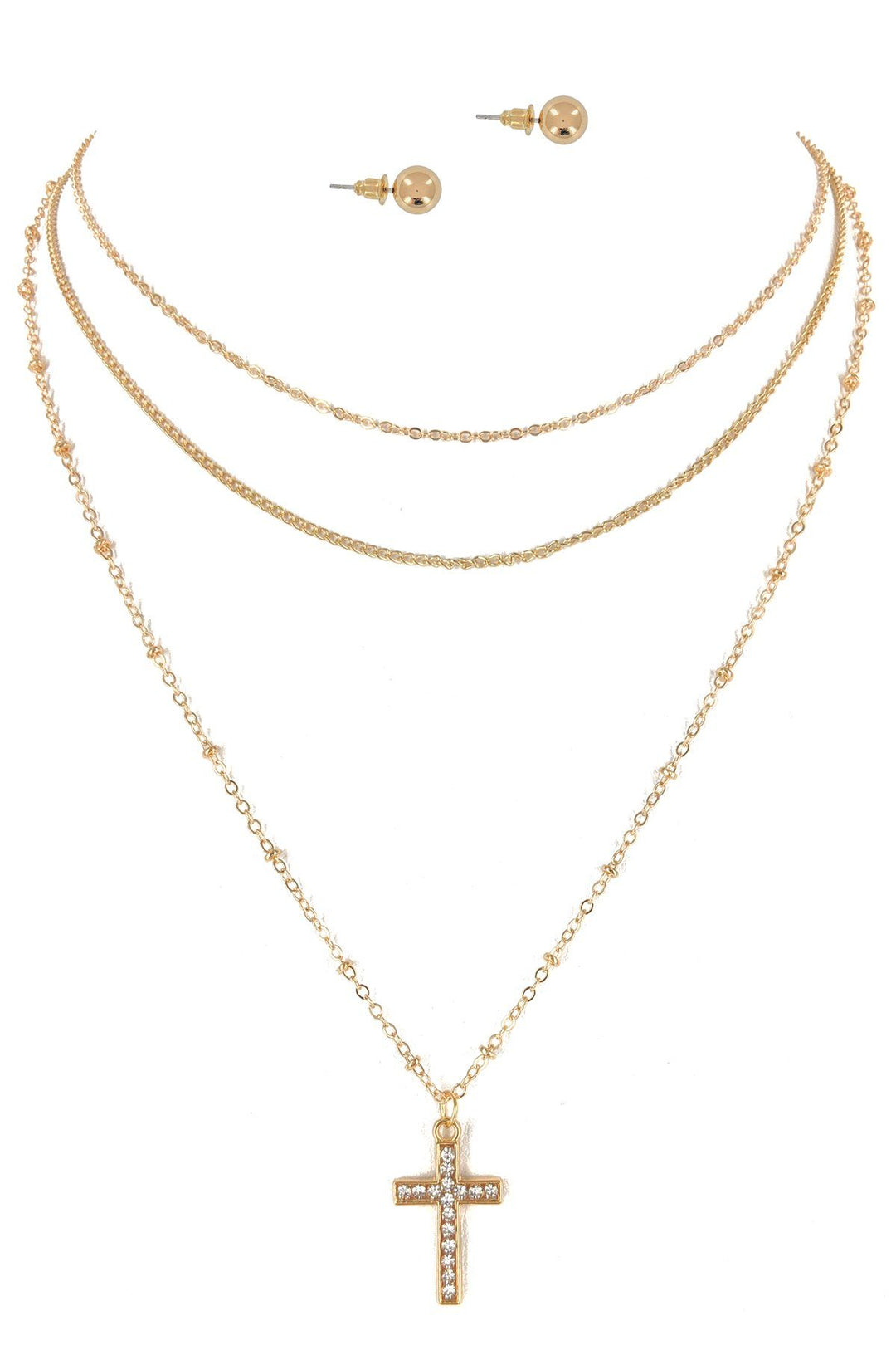 Cross Triple Layered Necklace & Earrings Set