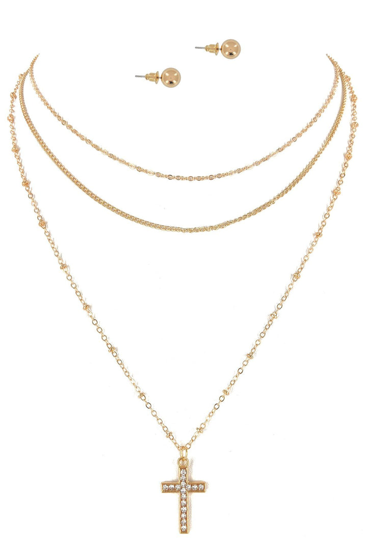 Cross Triple Layered Necklace & Earrings Set