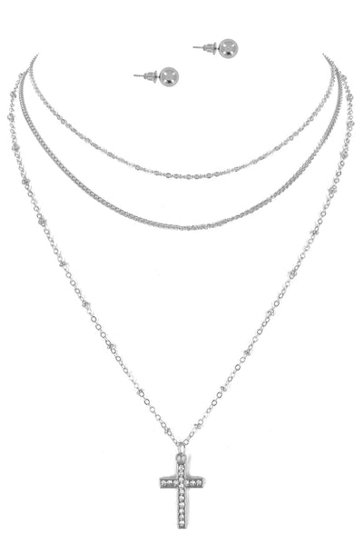 Cross Triple Layered Necklace & Earrings Set