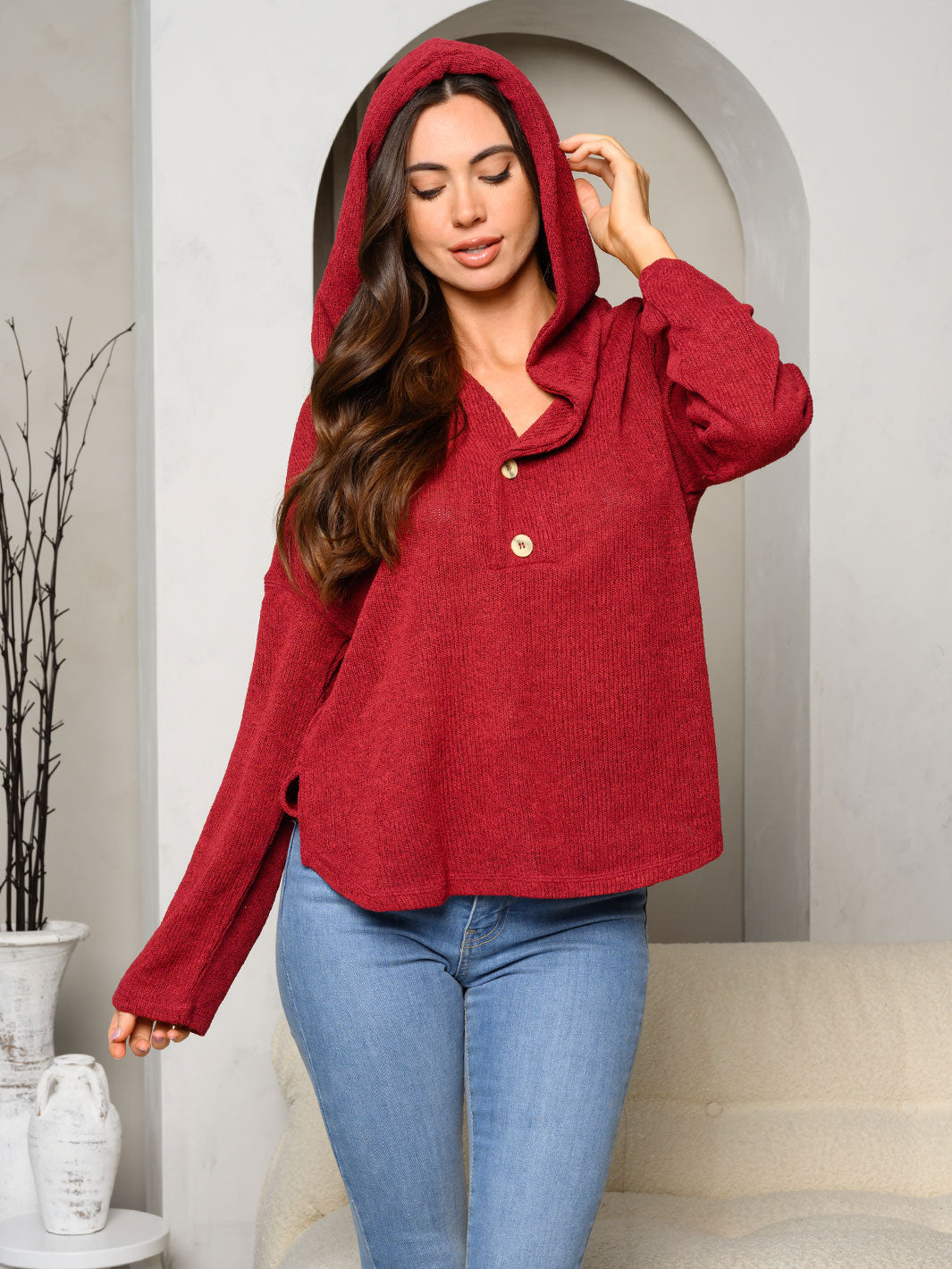 WOMEN'S LONG SLEEVE BUTTON UP HOODED TOP