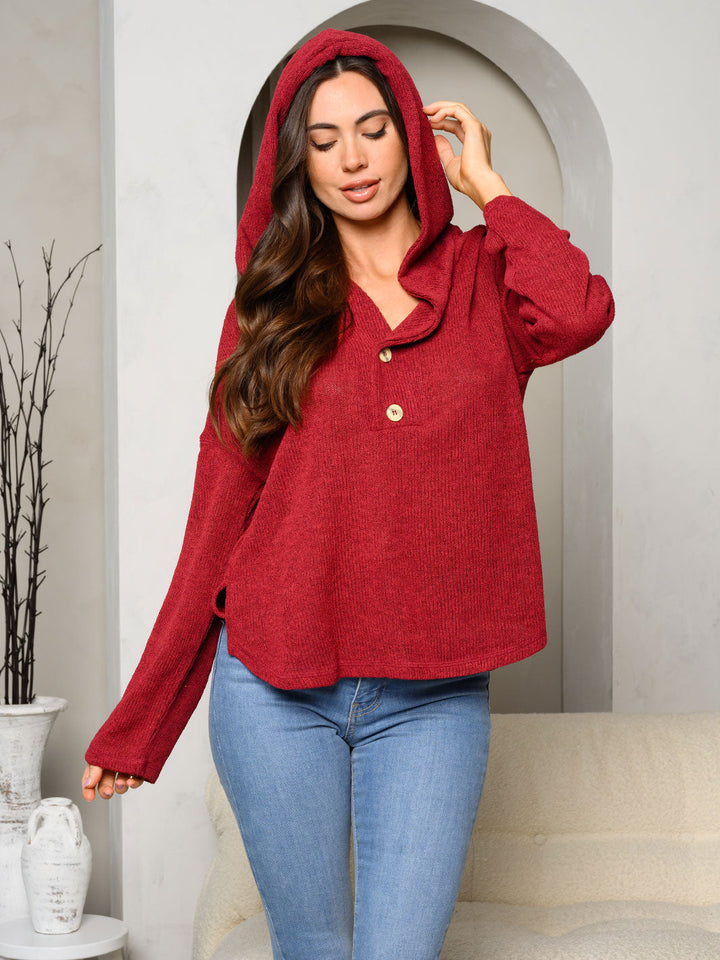 WOMEN'S LONG SLEEVE BUTTON UP HOODED TOP