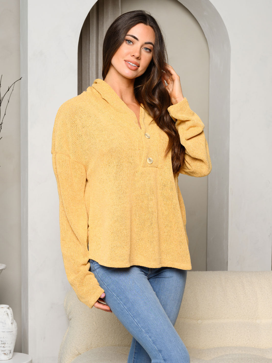 WOMEN'S LONG SLEEVE BUTTON UP HOODED TOP