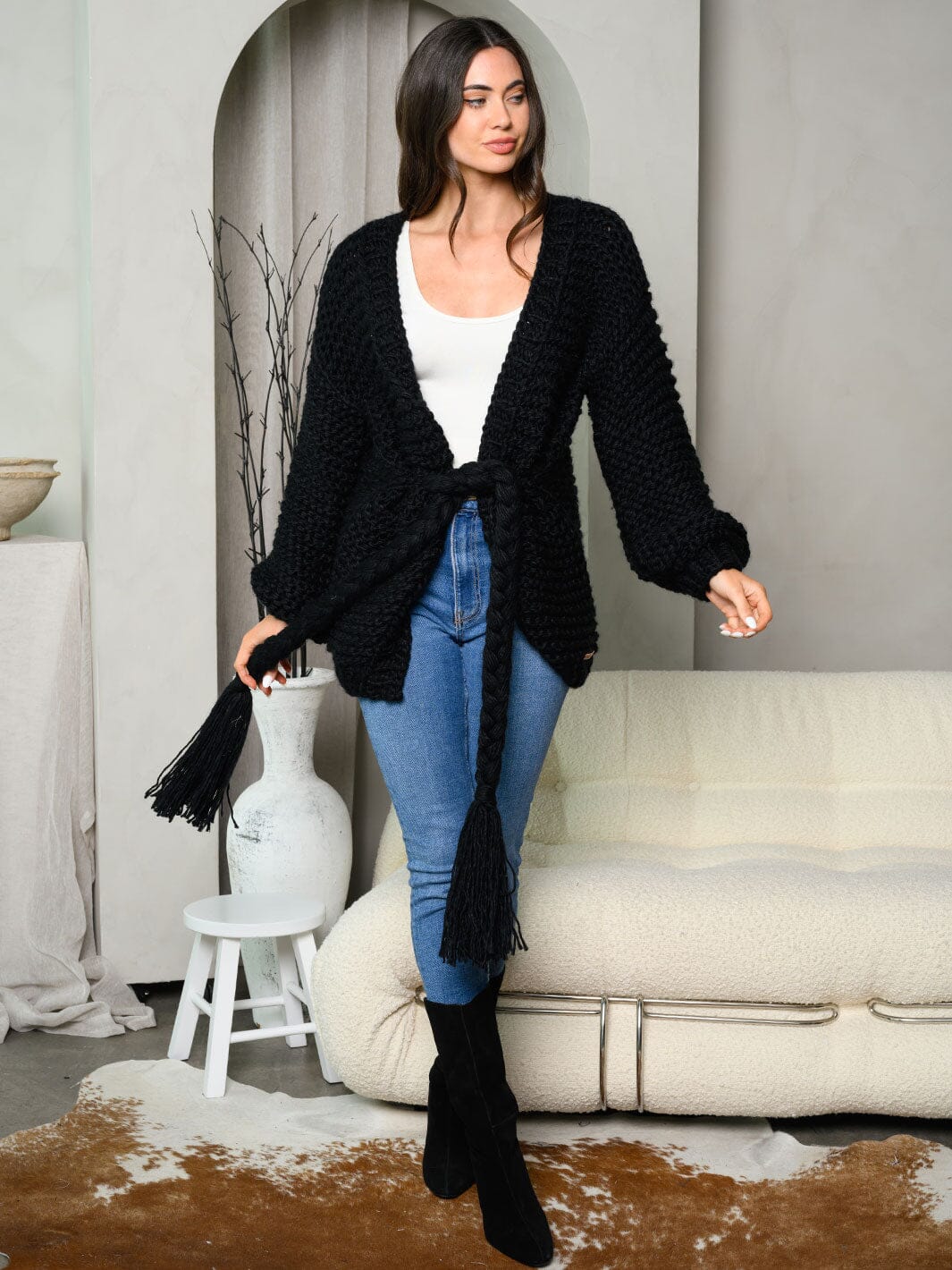 WOMEN'S LONG SLEEVE SELF TIE OPEN CARDIGAN