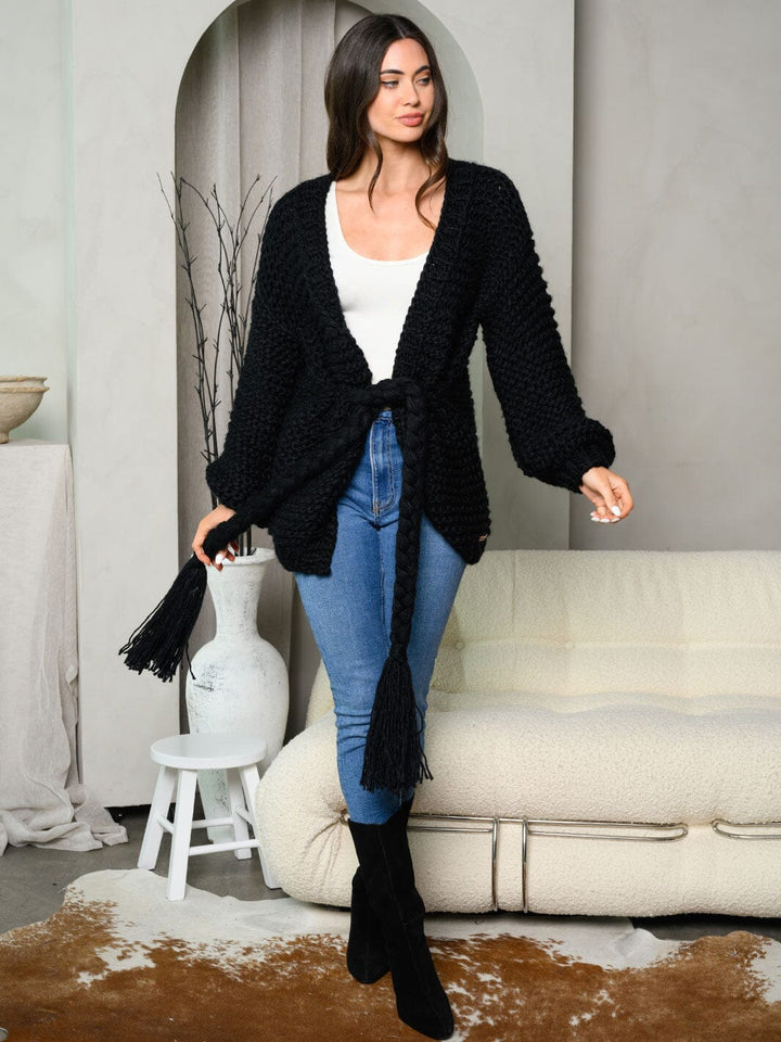 WOMEN'S LONG SLEEVE SELF TIE OPEN CARDIGAN