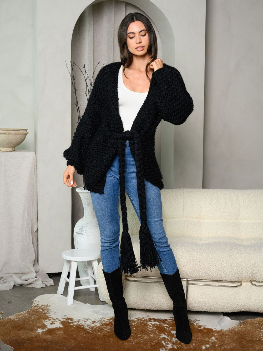 WOMEN'S LONG SLEEVE SELF TIE OPEN CARDIGAN