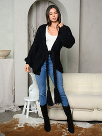 WOMEN'S LONG SLEEVE SELF TIE OPEN CARDIGAN