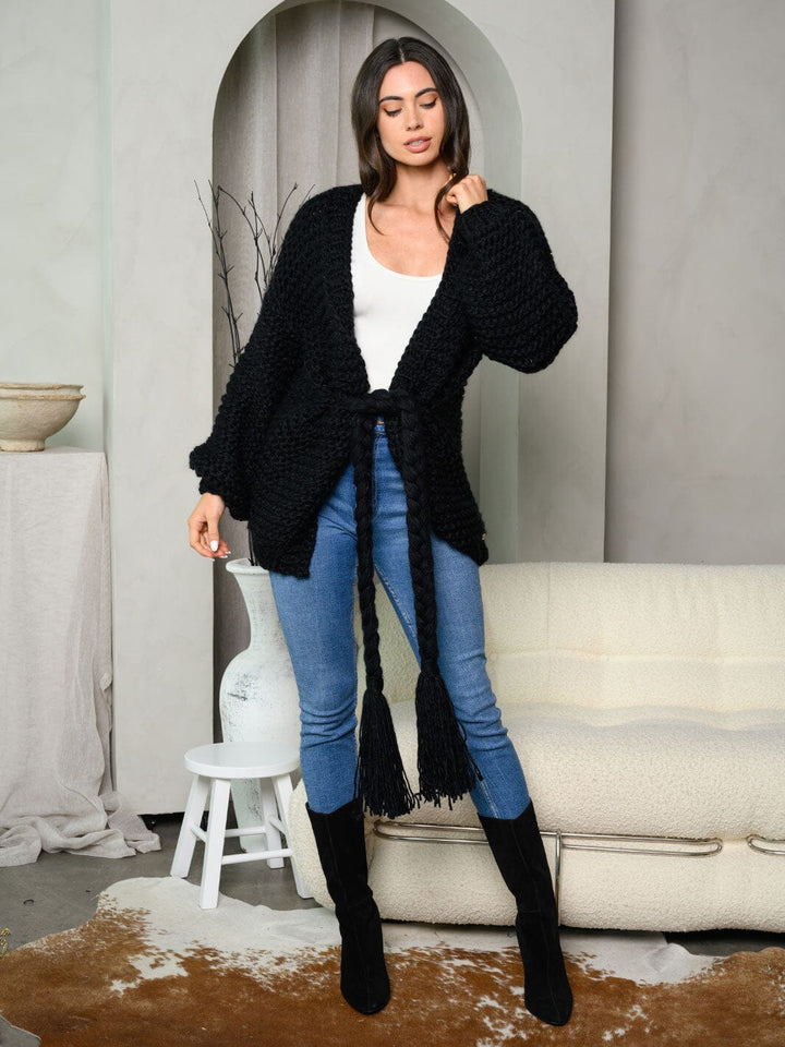 WOMEN'S LONG SLEEVE SELF TIE OPEN CARDIGAN