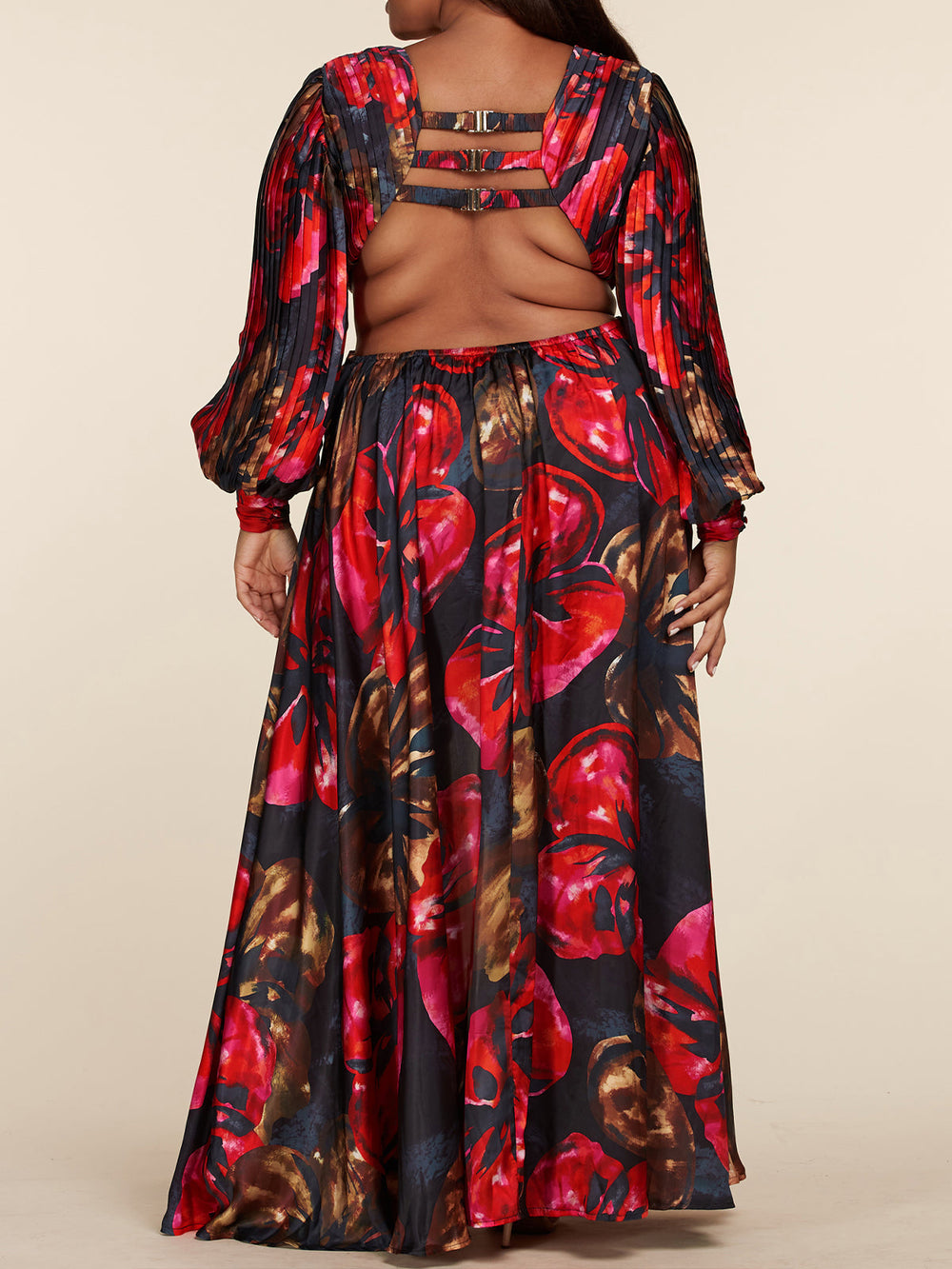 PLUS SIZE LONG SLEEVE V-NECK OPEN FRONT & BACK MAXI DRESS