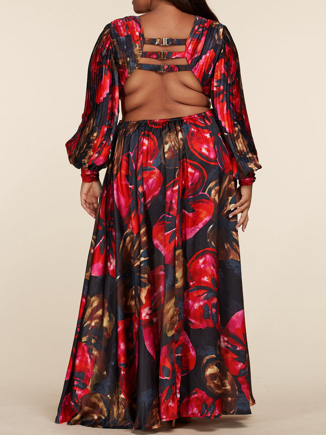 PLUS SIZE LONG SLEEVE V-NECK OPEN FRONT & BACK MAXI DRESS